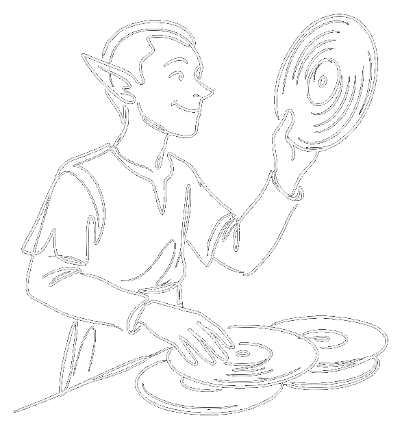 Sketch of an elf holding up a vinyl record