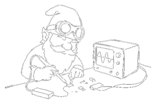 Sketch of a gnome tinkering at a workbench with an oscilloscope