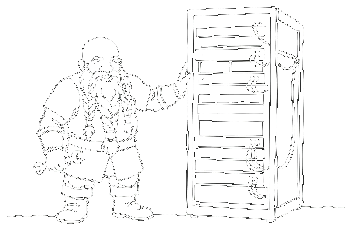 Sketch of a dwarf standing proudly next to a server rack