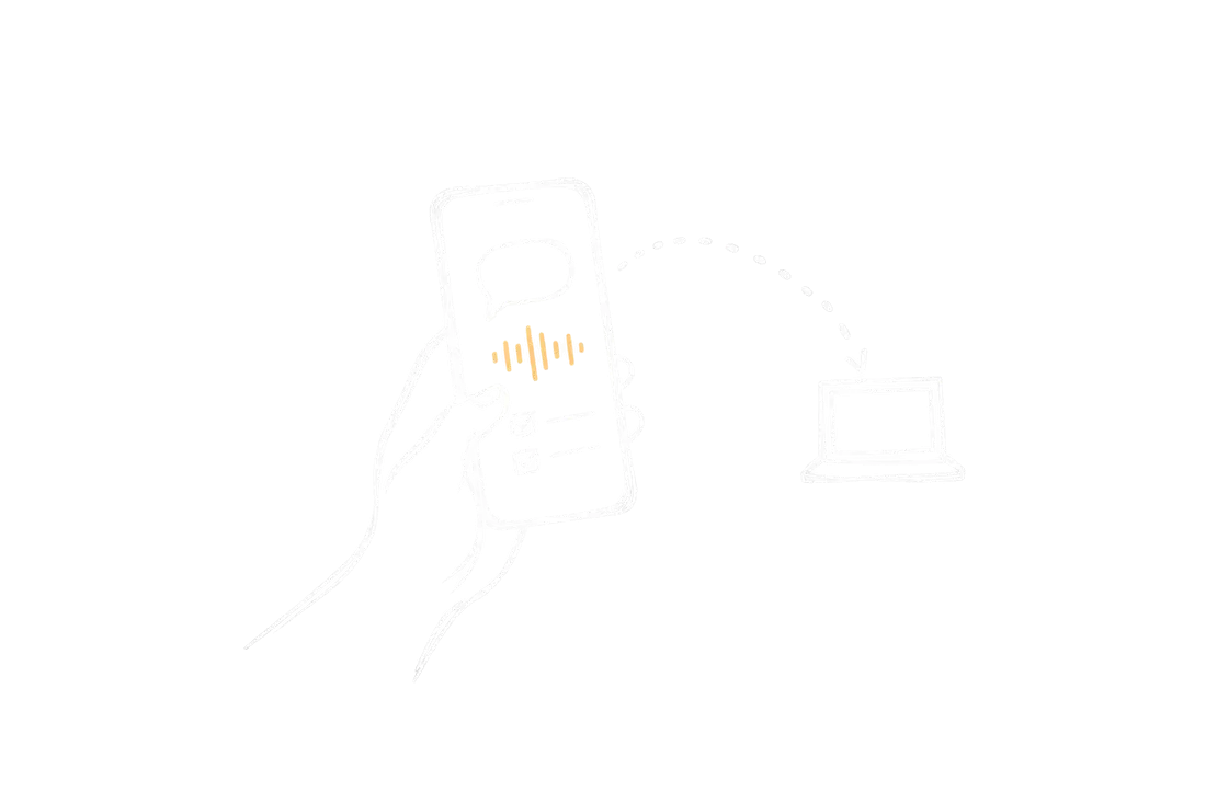 A hand dictating tasks into a phone connected to a remote computer.
