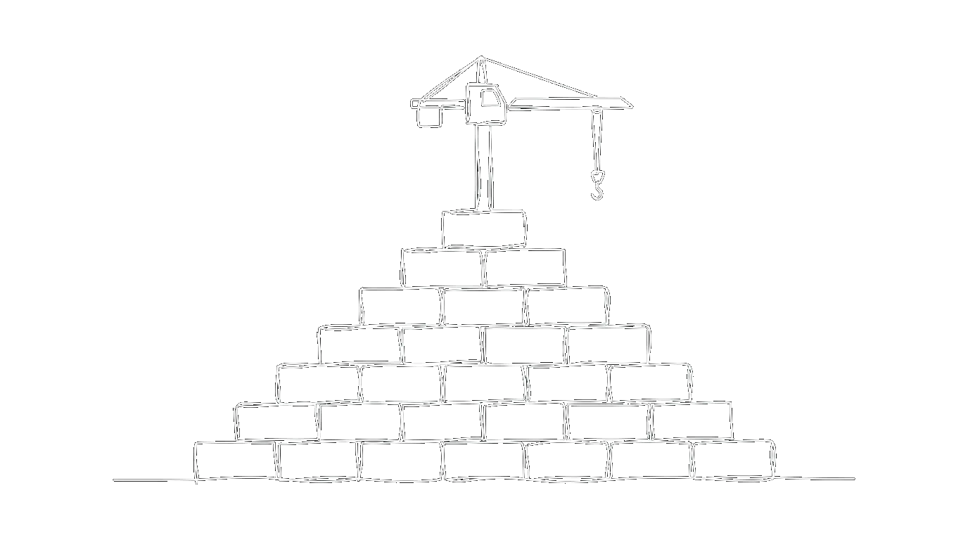 A solid foundation of stacked building blocks with a small crane on top