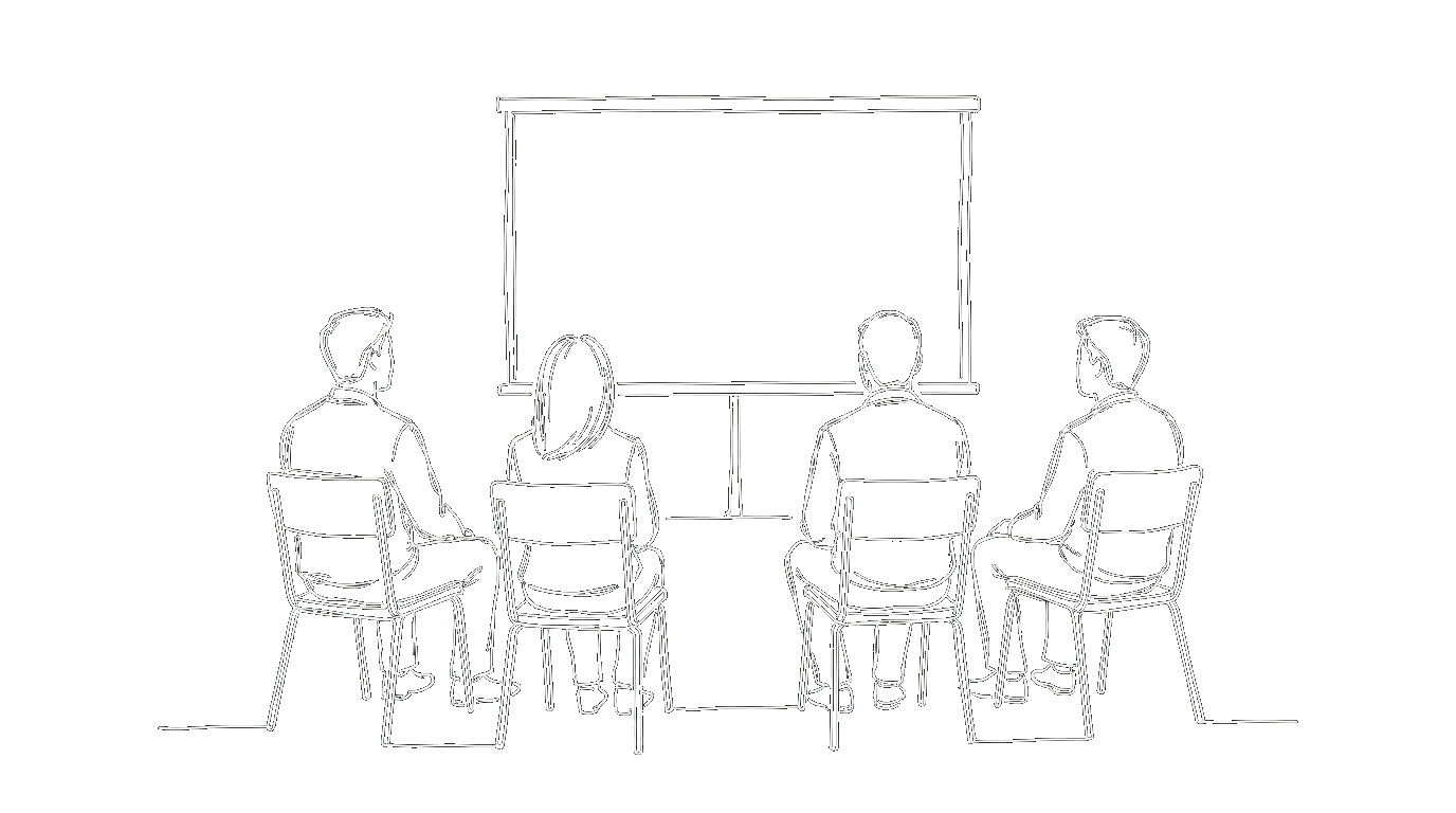 A small group of people sitting in chairs facing a presentation screen