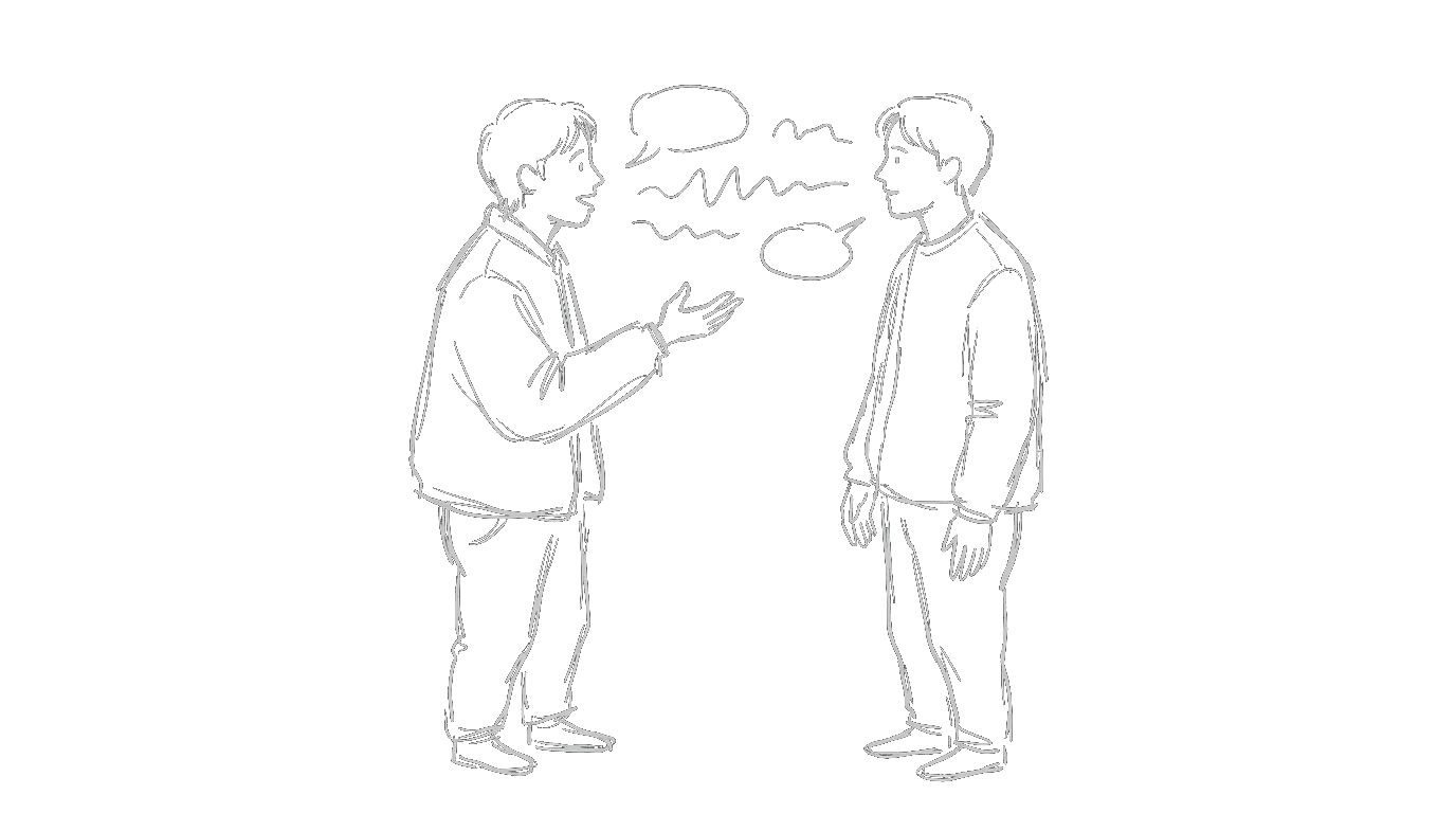 Two people in direct conversation, one gesturing openly