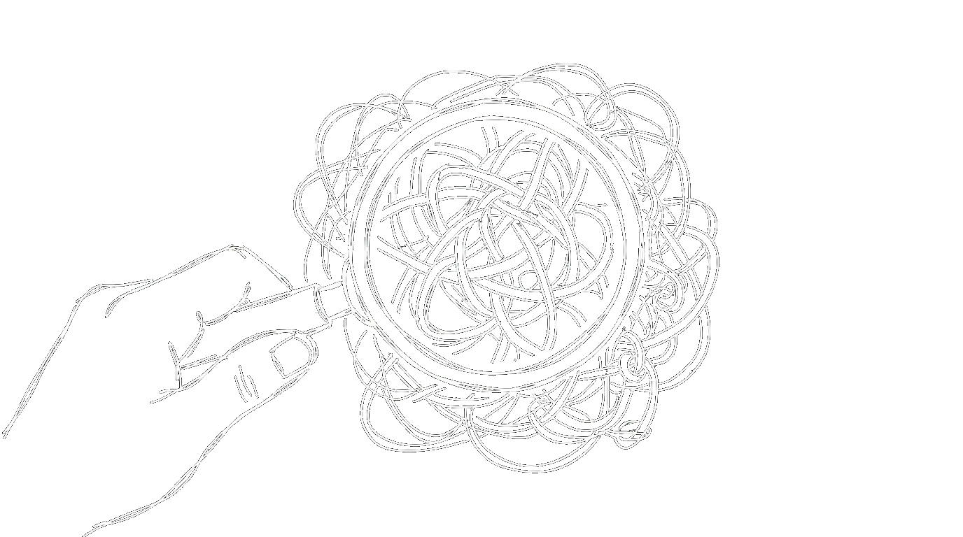 A hand holding a magnifying glass over a tangled knot