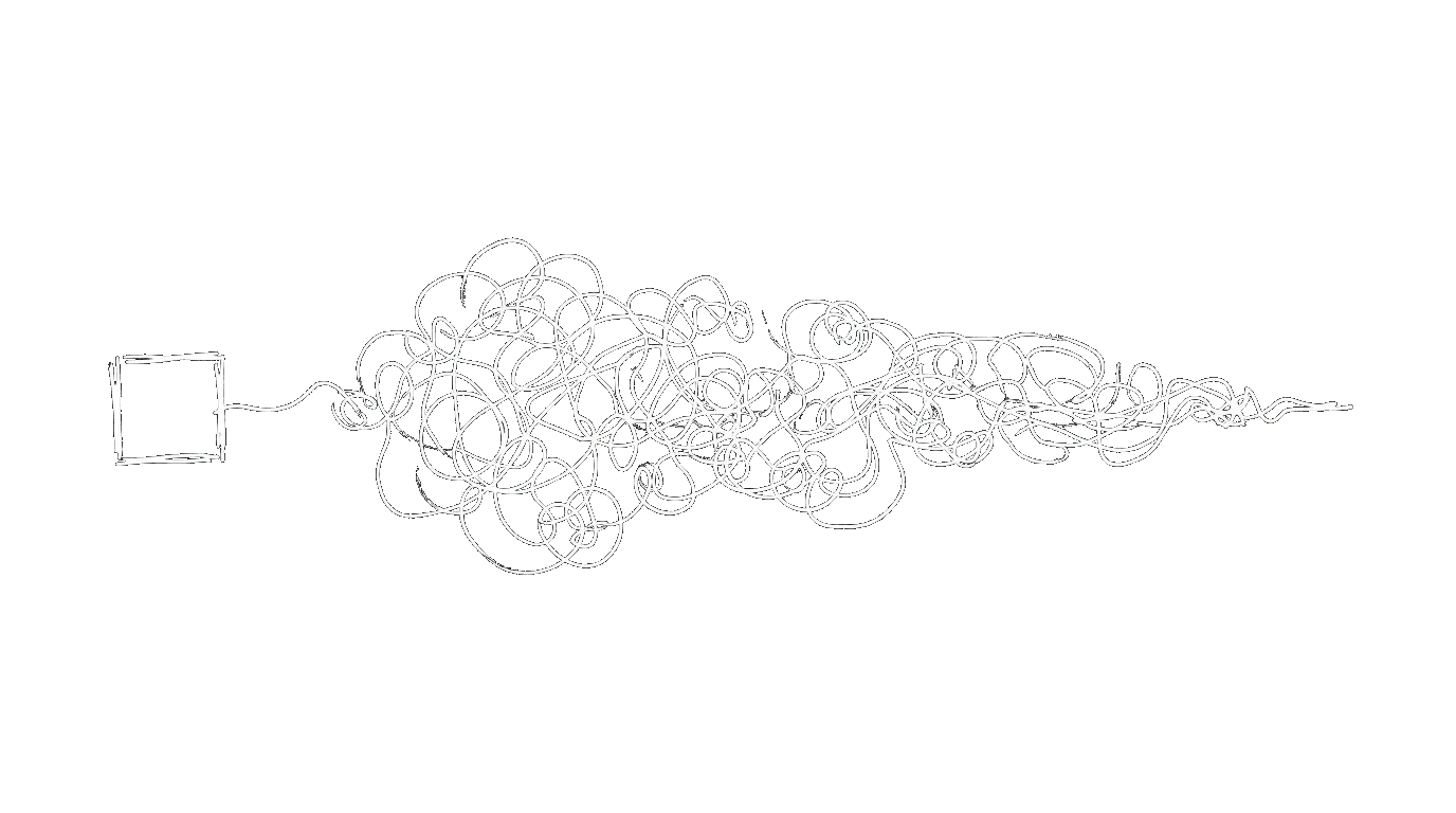 A small box trailing a long tangled tail of loops and knots