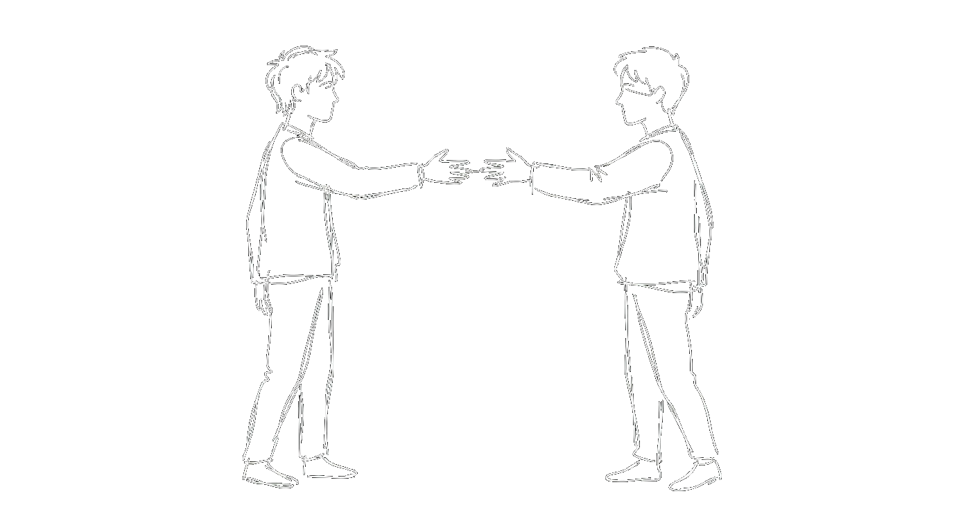 Two people facing each other with hands extended in a mirrored gesture