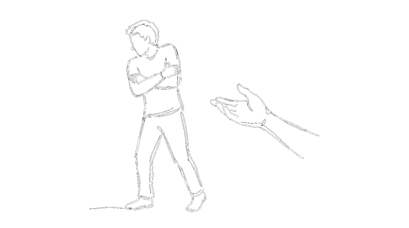 A person with arms crossed turning away from an extended hand