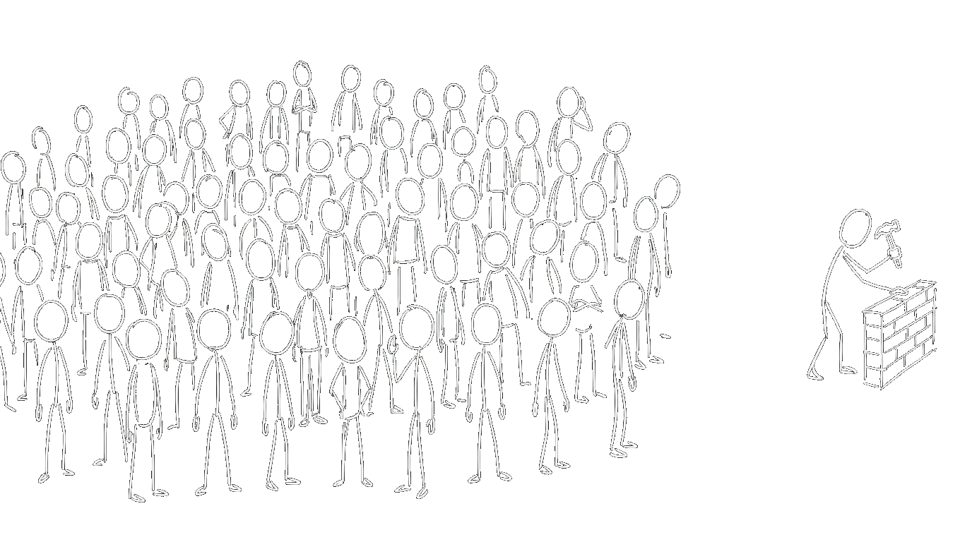 A large crowd of people with one single person building at the edge