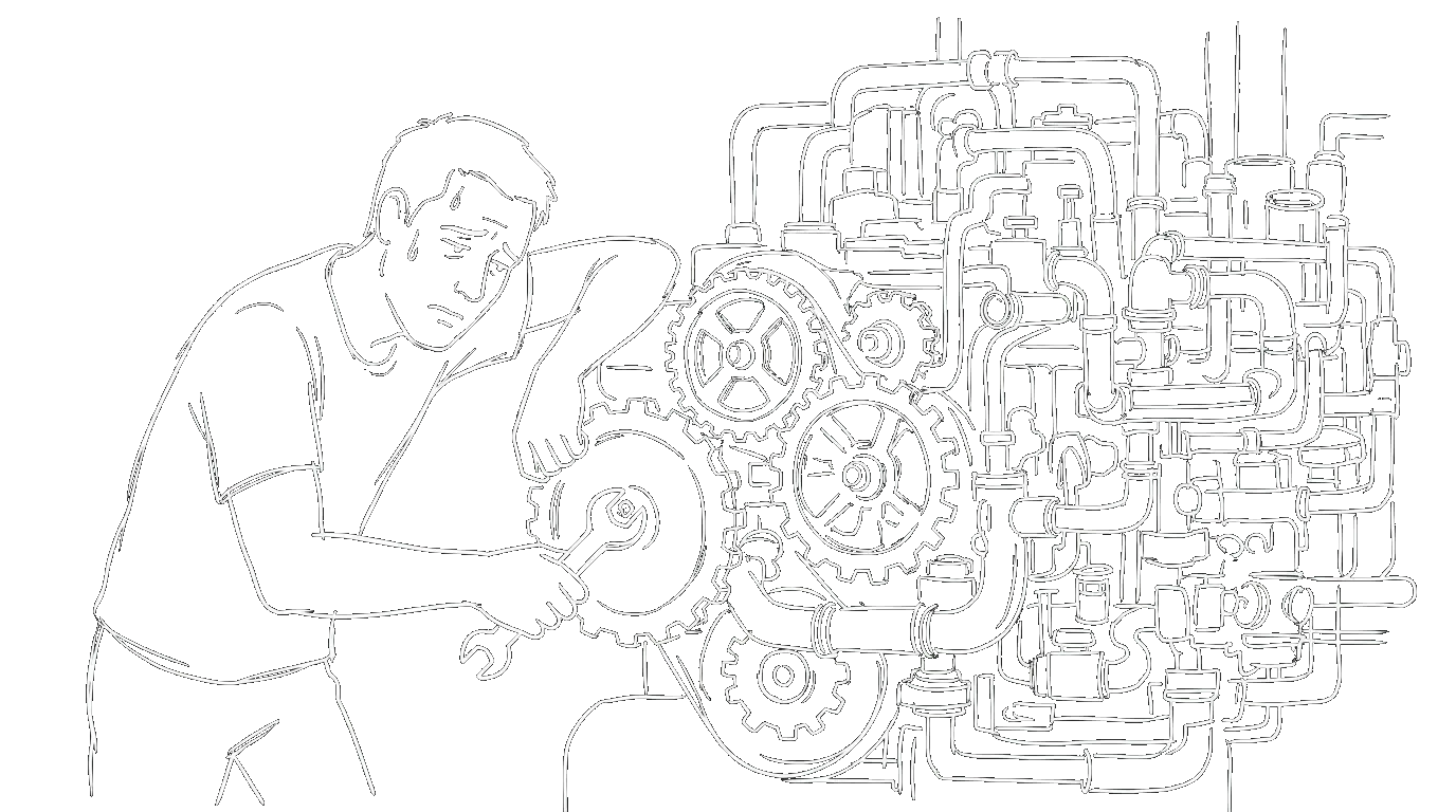 A person maintaining a complex machine with many gears and pipes