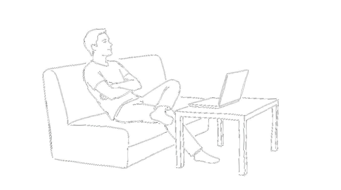 A person sitting on a couch, leaning back with arms crossed, looking away from a laptop