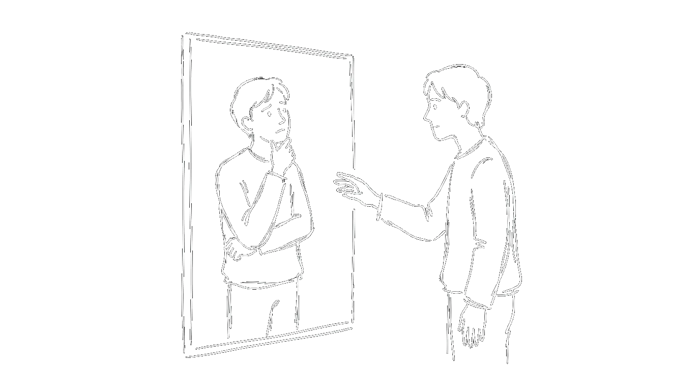 A person questioning their own reflection