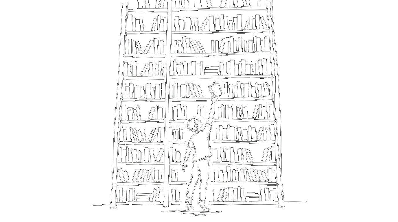 A person reaching for a book on a tall bookshelf
