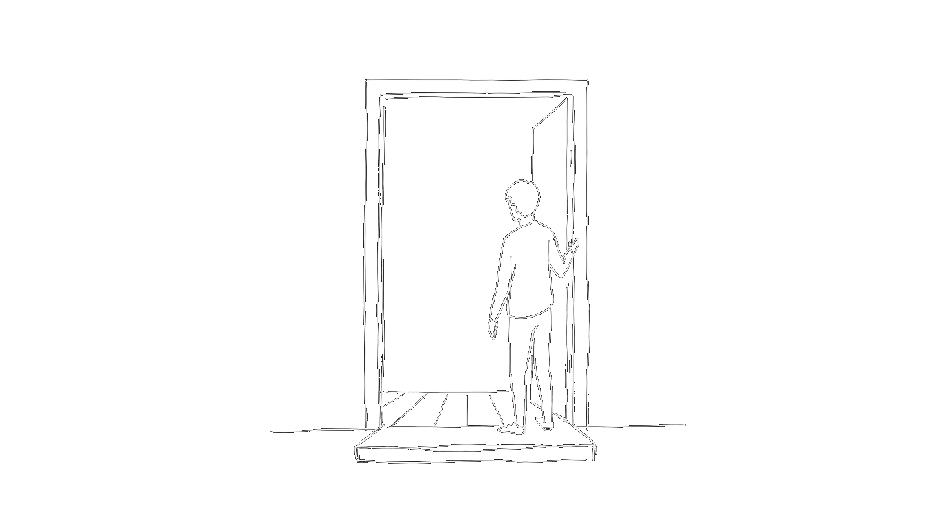 A figure standing at an open doorway looking out into empty space