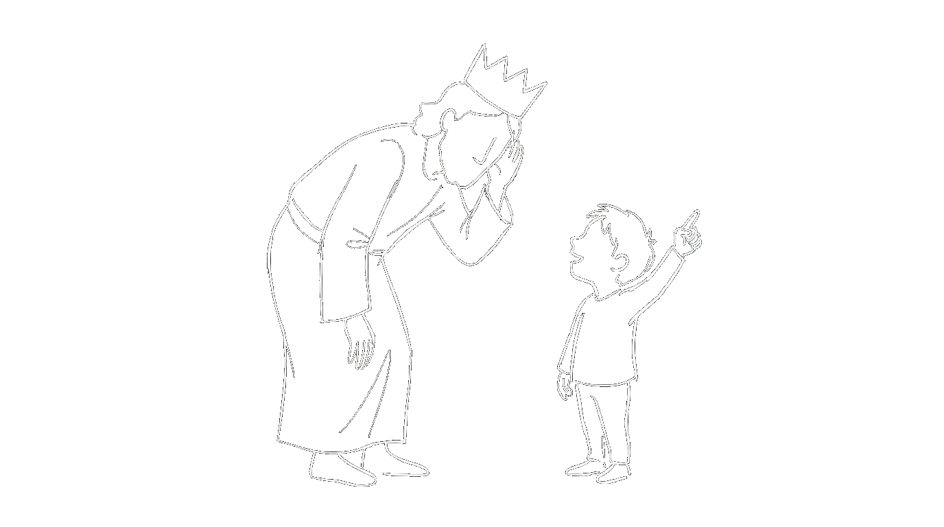 A figure with a crown leaning down to listen to a smaller figure making a point