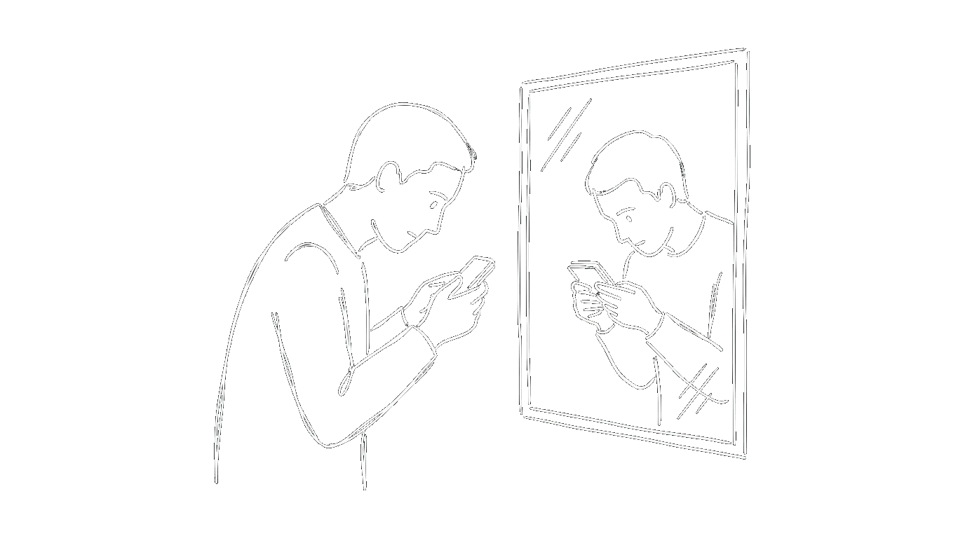 A person looking into a mirror examining their reflection