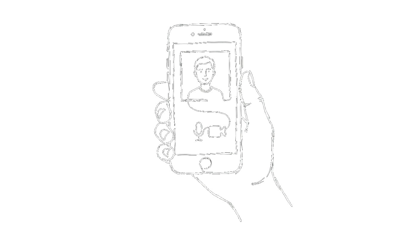 A hand holding a phone showing a video call